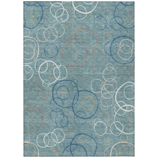 9' X 12' Teal Blue Beige And Ivory Geometric Washable Indoor Outdoor Area Rug