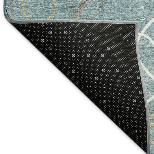 9' X 12' Teal Blue Beige And Ivory Geometric Washable Indoor Outdoor Area Rug