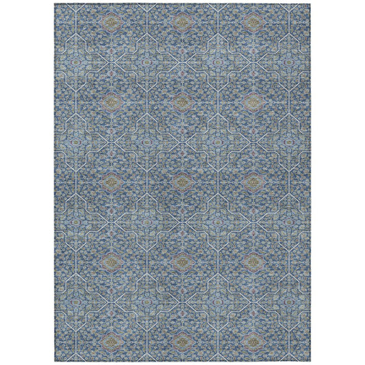 10' X 14' Navy Blue Ivory And Plum Oriental Washable Indoor Outdoor Area Rug