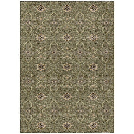 9' X 12' Olive Green Gold And Black Oriental Washable Indoor Outdoor Area Rug