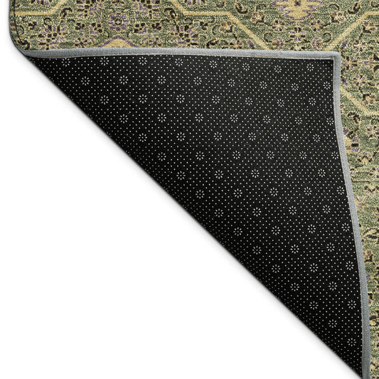 9' X 12' Olive Green Gold And Black Oriental Washable Indoor Outdoor Area Rug