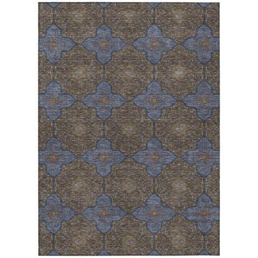 10' X 14' Chocolate Blue And Beige Quatrefoil Washable Indoor Outdoor Area Rug