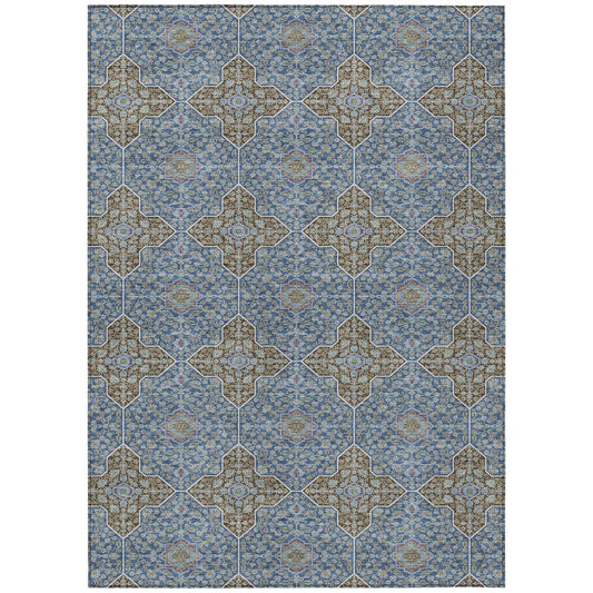 10' X 14' Navy Blue And Chocolate Quatrefoil Washable Indoor Outdoor Area Rug
