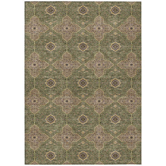 9' X 12' Olive Green Brown And Gold Quatrefoil Washable Indoor Outdoor Area Rug