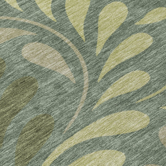 10' X 14' Artichoke Green And Sage Botanical Leaves Washable Indoor Outdoor Area Rug