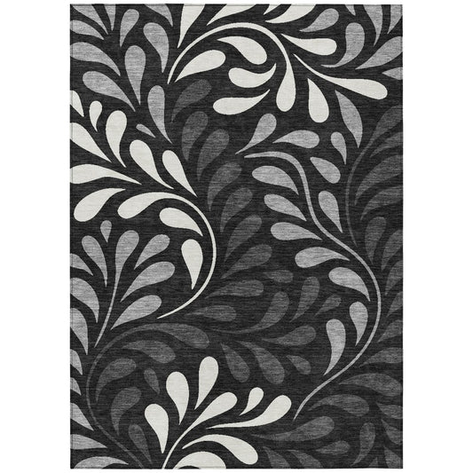 9' X 12' Black Gray And Ivory Botanical Leaves Washable Indoor Outdoor Area Rug
