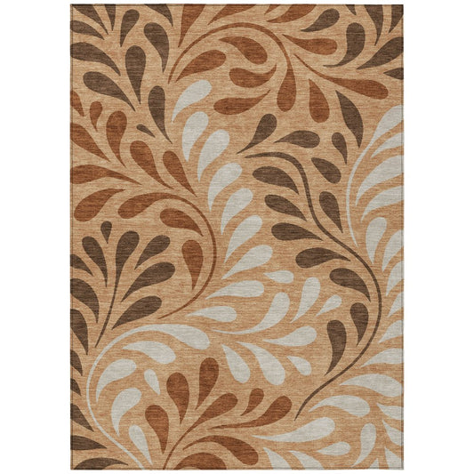 10' X 14' Copper Beige And Chocolate Botanical Leaves Washable Indoor Outdoor Area Rug