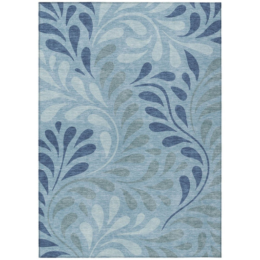 10' X 14' Denim Blue And Sky Blue Botanical Leaves Washable Indoor Outdoor Area Rug
