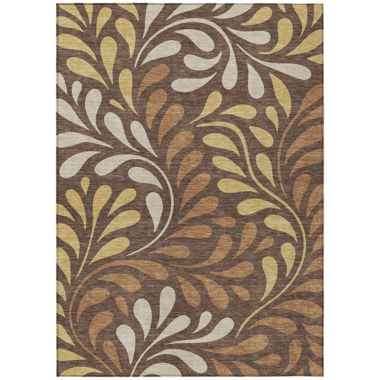 10' X 14' Chocolate Gold And Beige Botanical Leaves Washable Indoor Outdoor Area Rug