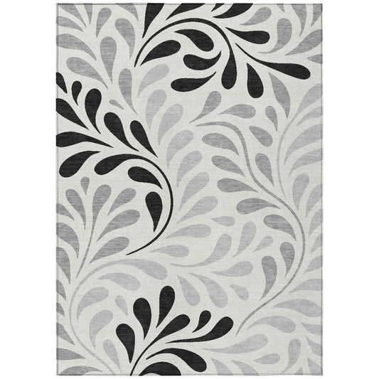 9' X 12' Ivory Black And Gray Botanical Leaves Washable Indoor Outdoor Area Rug