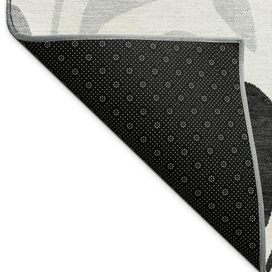 9' X 12' Ivory Black And Gray Botanical Leaves Washable Indoor Outdoor Area Rug