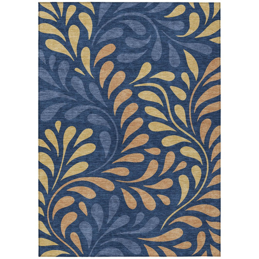 9' X 12' Navy Blue Copper And Gold Botanical Leaves Washable Indoor Outdoor Area Rug