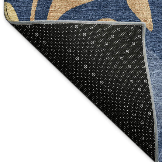 9' X 12' Navy Blue Copper And Gold Botanical Leaves Washable Indoor Outdoor Area Rug