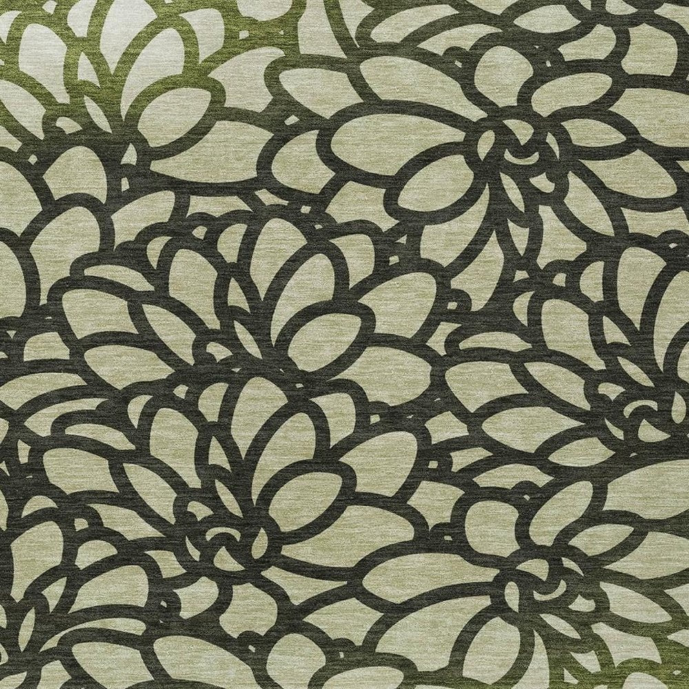 5' X 8' Artichoke Green Black And Ivory Botanical Leaves Washable Indoor Outdoor Area Rug