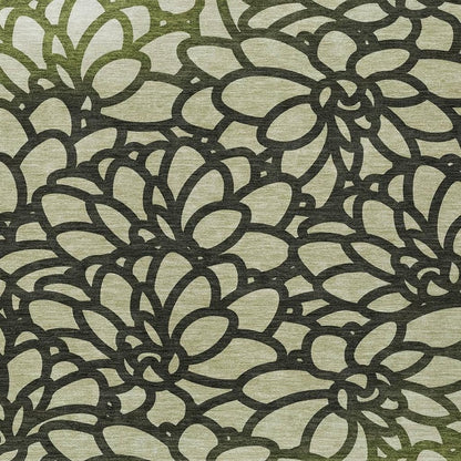 5' X 8' Artichoke Green Black And Ivory Botanical Leaves Washable Indoor Outdoor Area Rug