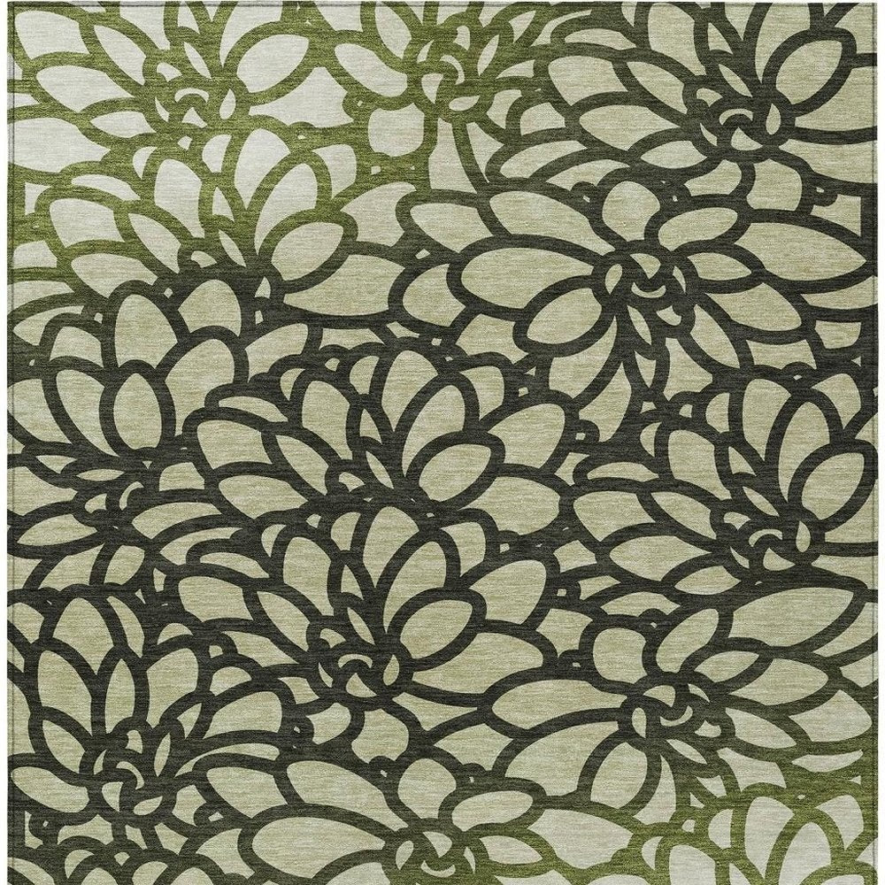 5' X 8' Artichoke Green Black And Ivory Botanical Leaves Washable Indoor Outdoor Area Rug