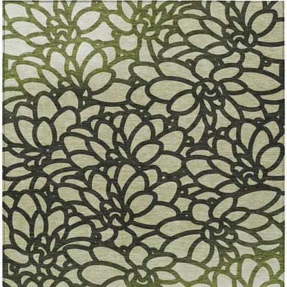 5' X 8' Artichoke Green Black And Ivory Botanical Leaves Washable Indoor Outdoor Area Rug