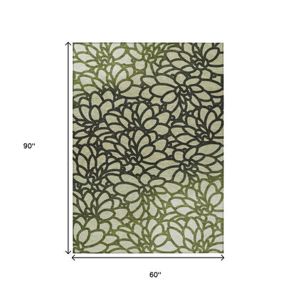 5' X 8' Artichoke Green Black And Ivory Botanical Leaves Washable Indoor Outdoor Area Rug