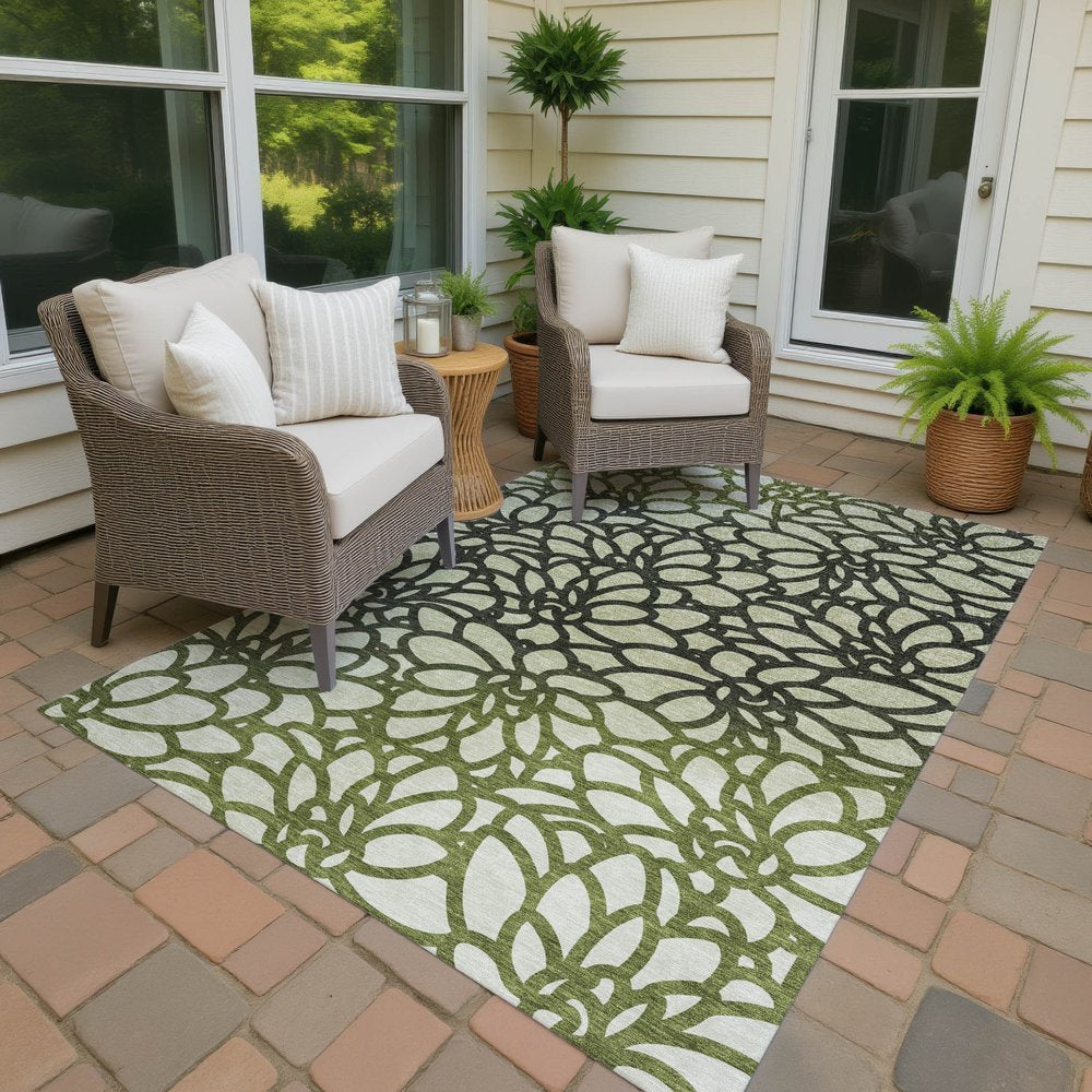 5' X 8' Artichoke Green Black And Ivory Botanical Leaves Washable Indoor Outdoor Area Rug