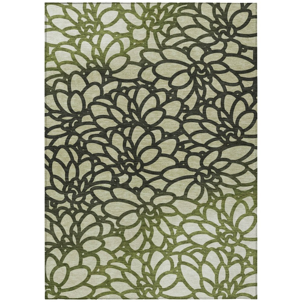 5' X 8' Artichoke Green Black And Ivory Botanical Leaves Washable Indoor Outdoor Area Rug