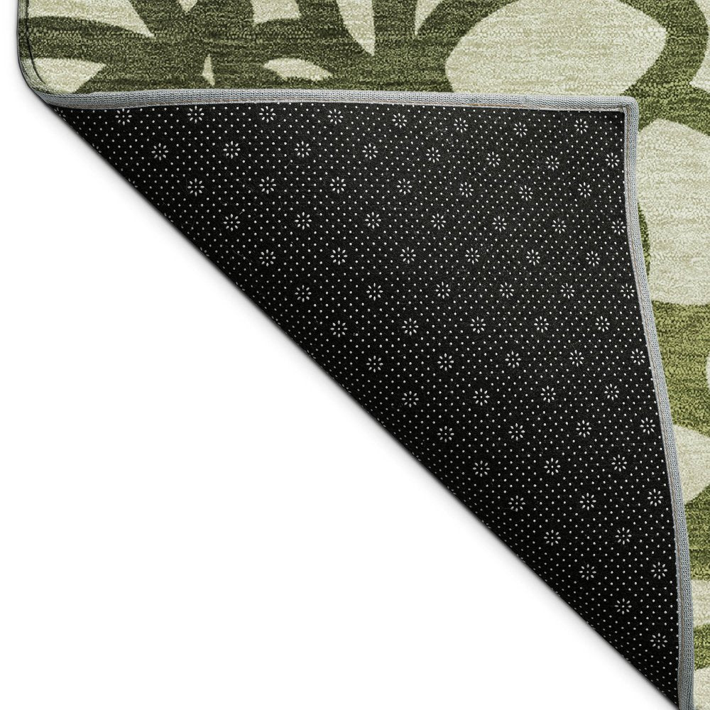 5' X 8' Artichoke Green Black And Ivory Botanical Leaves Washable Indoor Outdoor Area Rug