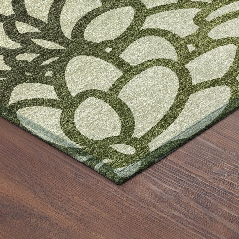 5' X 8' Artichoke Green Black And Ivory Botanical Leaves Washable Indoor Outdoor Area Rug