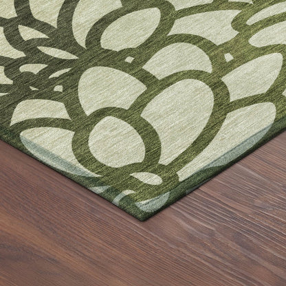 5' X 8' Artichoke Green Black And Ivory Botanical Leaves Washable Indoor Outdoor Area Rug