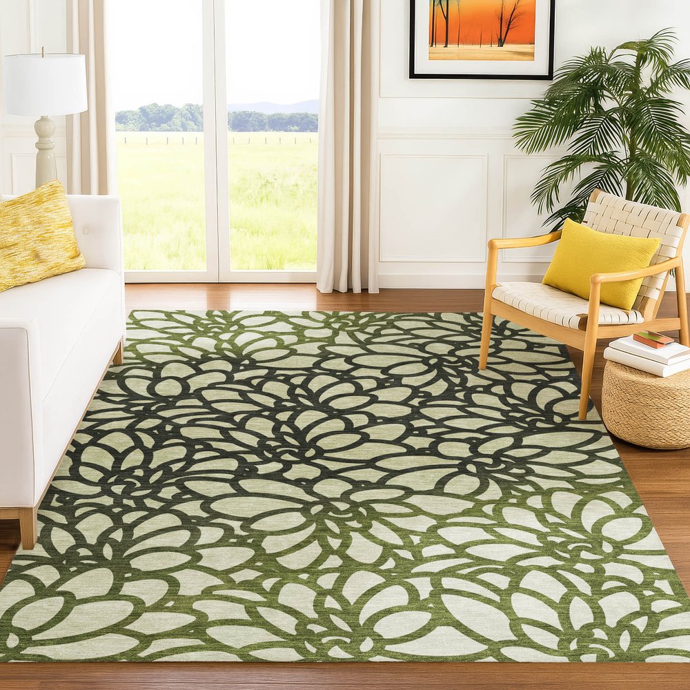5' X 8' Artichoke Green Black And Ivory Botanical Leaves Washable Indoor Outdoor Area Rug