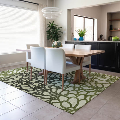 5' X 8' Artichoke Green Black And Ivory Botanical Leaves Washable Indoor Outdoor Area Rug