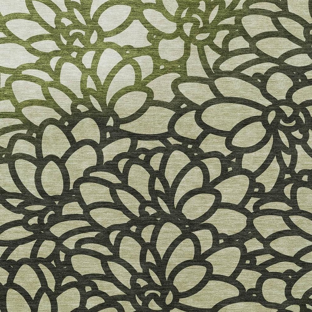 10' X 14' Artichoke Green Black And Ivory Botanical Leaves Washable Indoor Outdoor Area Rug