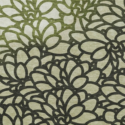 10' X 14' Artichoke Green Black And Ivory Botanical Leaves Washable Indoor Outdoor Area Rug