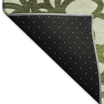 10' X 14' Artichoke Green Black And Ivory Botanical Leaves Washable Indoor Outdoor Area Rug