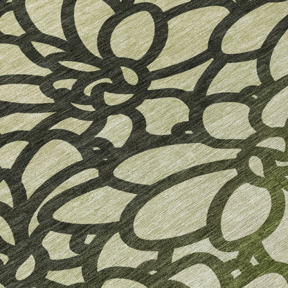 10' X 14' Artichoke Green Black And Ivory Botanical Leaves Washable Indoor Outdoor Area Rug