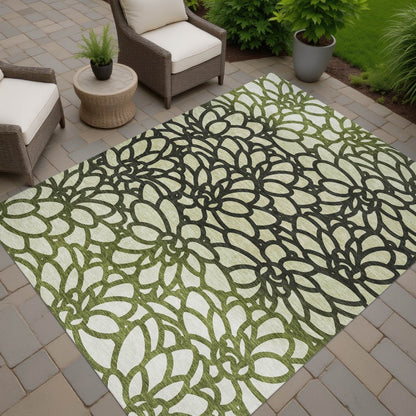 10' X 14' Artichoke Green Black And Ivory Botanical Leaves Washable Indoor Outdoor Area Rug
