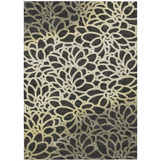 9' X 12' Black Ivory And Gold Botanical Leaves Washable Indoor Outdoor Area Rug