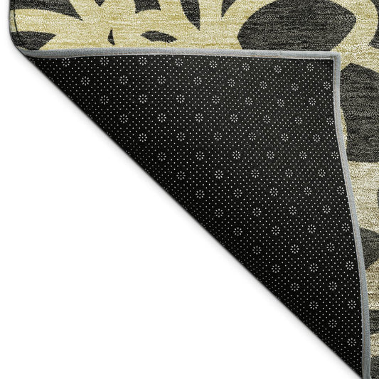 9' X 12' Black Ivory And Gold Botanical Leaves Washable Indoor Outdoor Area Rug