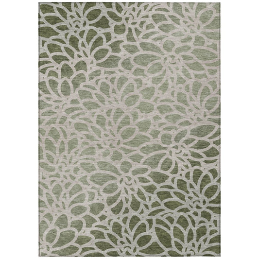 9' X 12' Lime Green And Beige Botanical Leaves Washable Indoor Outdoor Area Rug