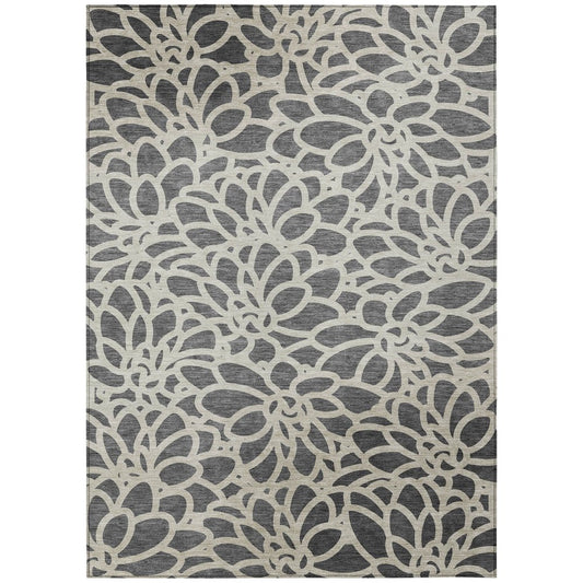 9' X 12' Gray And Ivory Botanical Leaves Washable Indoor Outdoor Area Rug