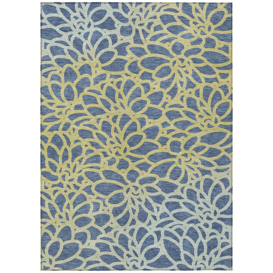 9' X 12' Navy Blue And Gold Botanical Leaves Washable Indoor Outdoor Area Rug