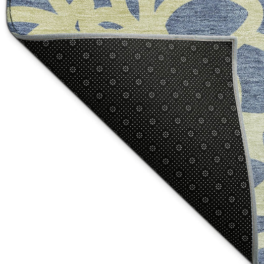 9' X 12' Navy Blue And Gold Botanical Leaves Washable Indoor Outdoor Area Rug