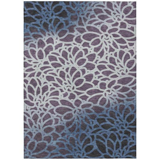 10' X 14' Plum And Blue Botanical Leaves Washable Indoor Outdoor Area Rug
