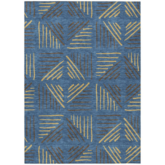 9' X 12' Navy Blue And Gold Geometric Washable Indoor Outdoor Area Rug