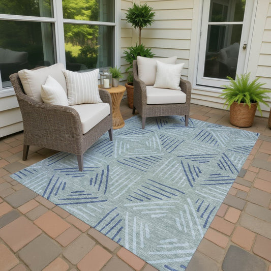 10' X 14' Aqua And Blue Geometric Washable Indoor Outdoor Area Rug