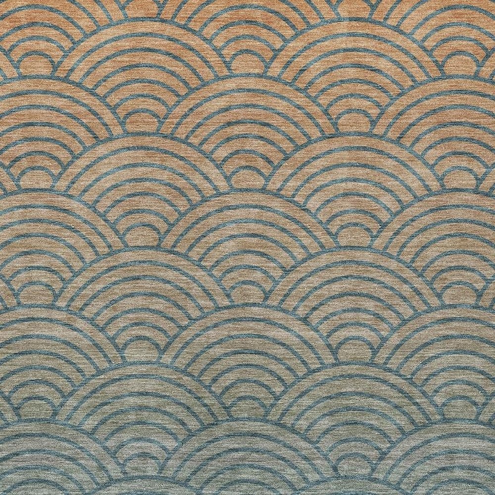 9' X 12' Teal Blue And Orange Geometric Washable Indoor Outdoor Area Rug