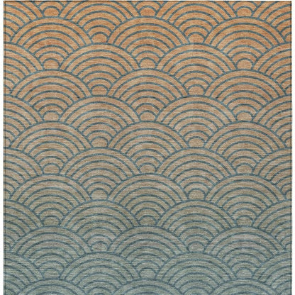9' X 12' Teal Blue And Orange Geometric Washable Indoor Outdoor Area Rug