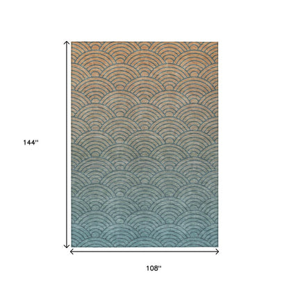 9' X 12' Teal Blue And Orange Geometric Washable Indoor Outdoor Area Rug