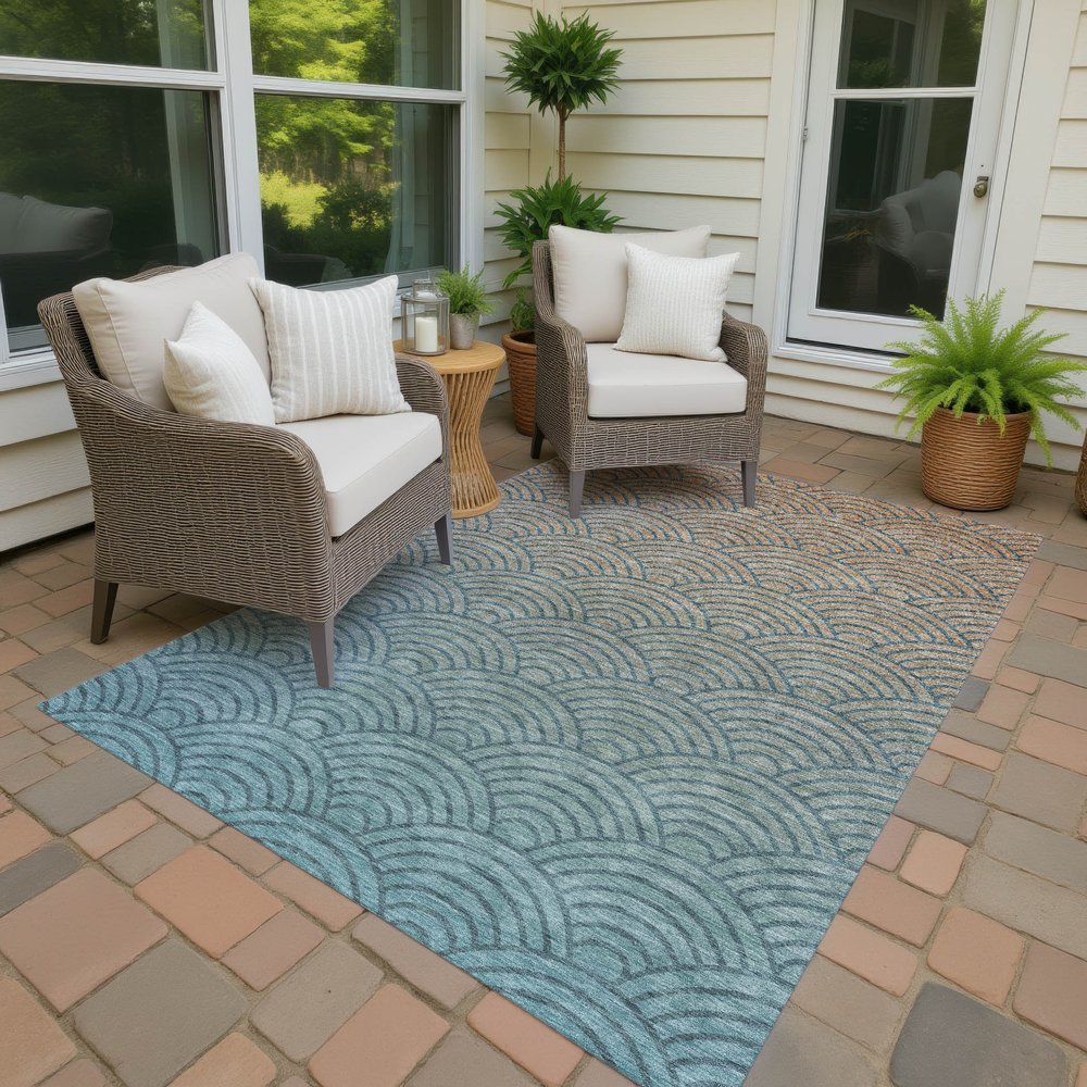 9' X 12' Teal Blue And Orange Geometric Washable Indoor Outdoor Area Rug