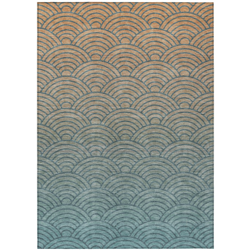 9' X 12' Teal Blue And Orange Geometric Washable Indoor Outdoor Area Rug