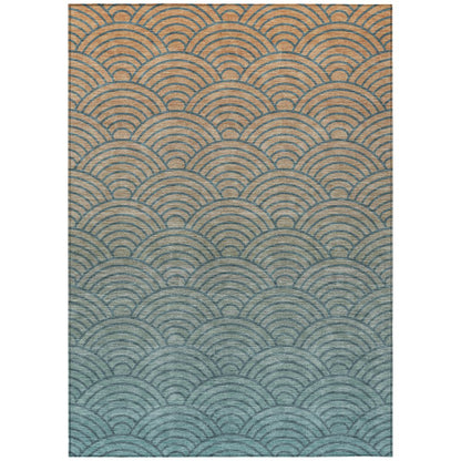 9' X 12' Teal Blue And Orange Geometric Washable Indoor Outdoor Area Rug