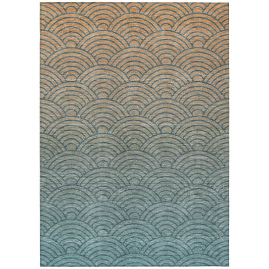 9' X 12' Teal Blue And Orange Geometric Washable Indoor Outdoor Area Rug